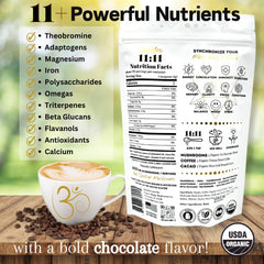 OhmYes 11 Mushroom Coffee + Cacao mug with steam suggests a quick focus friendly caffeine ritual.