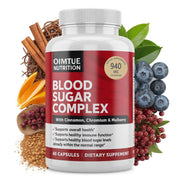 OIMTUE Blood Sugar Complex bottle label highlights Cinnamon and Chromium for daily balance