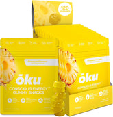 OKU Energy Chews pineapple gummies in a resealable bag for on-the-go focus.