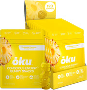 OKU Energy Chews pineapple gummies in a resealable bag for on-the-go focus.