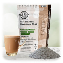 OldSoul Black Coffee bottle packshot showcases the five-mushroom blend for a bold energy cup.