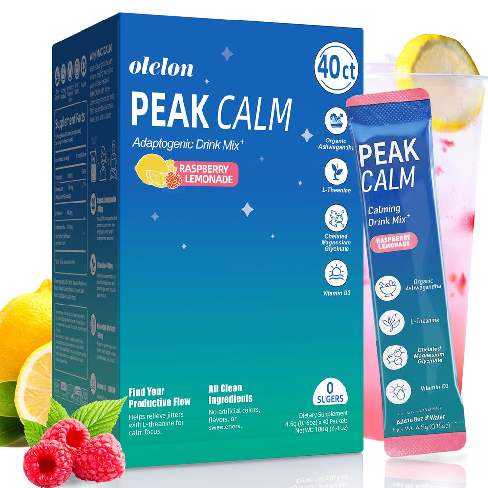 OLELON Calm Drink stick-pack on display for quick relaxation.