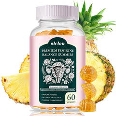 OLELON Feminine Balance Gummies bottle shows pineapple flavor and probiotic blend for daily use