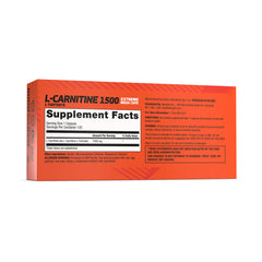 Olimp L-Carnitine 1500 Mega Caps bottle back view showing ingredients and safety notes