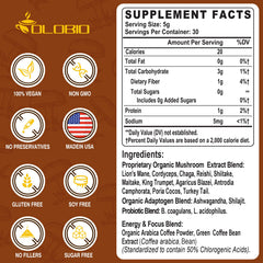OLOBIO label highlights adaptogens and probiotics for daily wellness