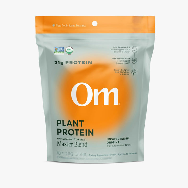 OM Master Blend bag showcases packaging for convenient daily energy with mushroom and plant protein.