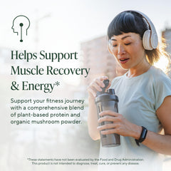 OM Master Blend stirred into coffee for an energizing vegan protein drink.