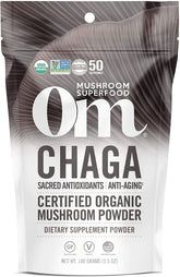 OM Mushroom Superfood Chaga powder jar showcases antioxidant support for daily wellness.