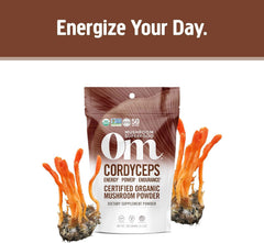 Cordyceps powder being stirred into water suggests a quick, natural energy boost.