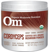 OM Mushroom Cordyceps powder tub front showing energy support formula