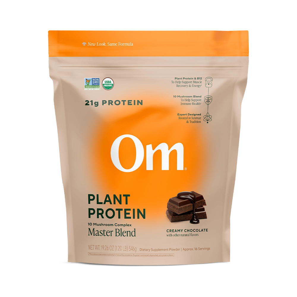 OM Mushroom Master Blend chocolate protein bag ready for daily shakes