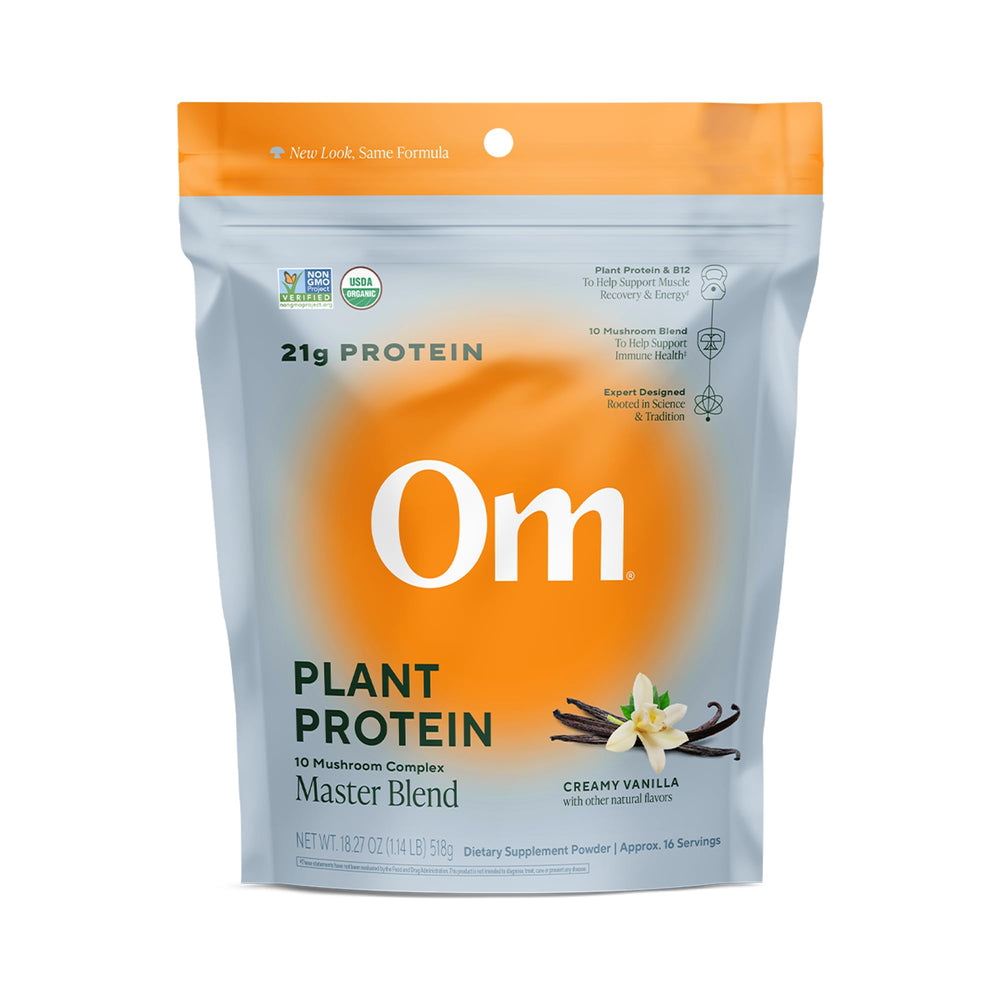 OM Mushroom Superfood Master Blend vanilla protein powder in a jar for daily protein and flavor.