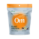 OM Mushroom Superfood Master Blend vanilla protein powder in a jar for daily protein and flavor.