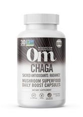 Om Mushroom Superfood Chaga capsules in bottle offering convenient antioxidant support