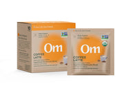 OM Mushroom Superfood Coffee Latte Blend single-serve packet for quick energy boost.