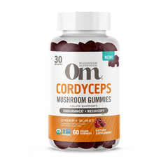 OM Mushroom Superfood Cordyceps Gummies bottle for easy daily energy.