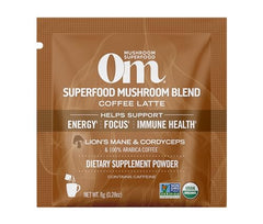 OM Mushroom Superfood latte in a mug with steam for sustained energy and focus.