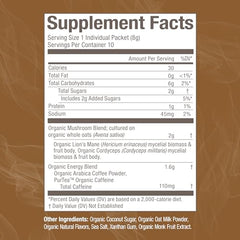 OM Mushroom Superfood latte powder close-up highlighting rich texture for focus support.