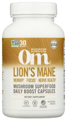 OM Mushroom Superfood Lion's Mane capsules bottle supports focus and mood for daily mental clarity.