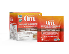 OM Mushroom Superfood Morning Energy Blend packaging front for quick morning ritual and brand visibility