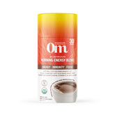 OM Mushroom Superfood Morning Energy Blend canister front shows a caffeine-free energy option for busy mornings