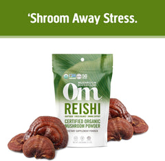 OM MUSHROOM SUPERFOOD organic reishi mushroom image with beta glucans and antioxidants