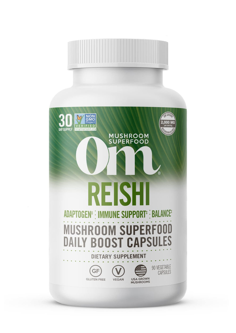 OM MUSHROOM SUPERFOOD Reishi capsules bottle for daily wellness.