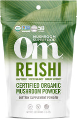 OM MUSHROOM SUPERFOOD Reishi powder bottle showing organic adaptogen for daily balance