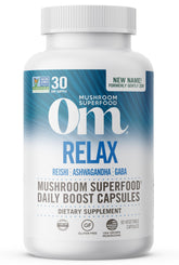 OM MUSHROOM SUPERFOOD Relax capsules bottle front for daily stress support