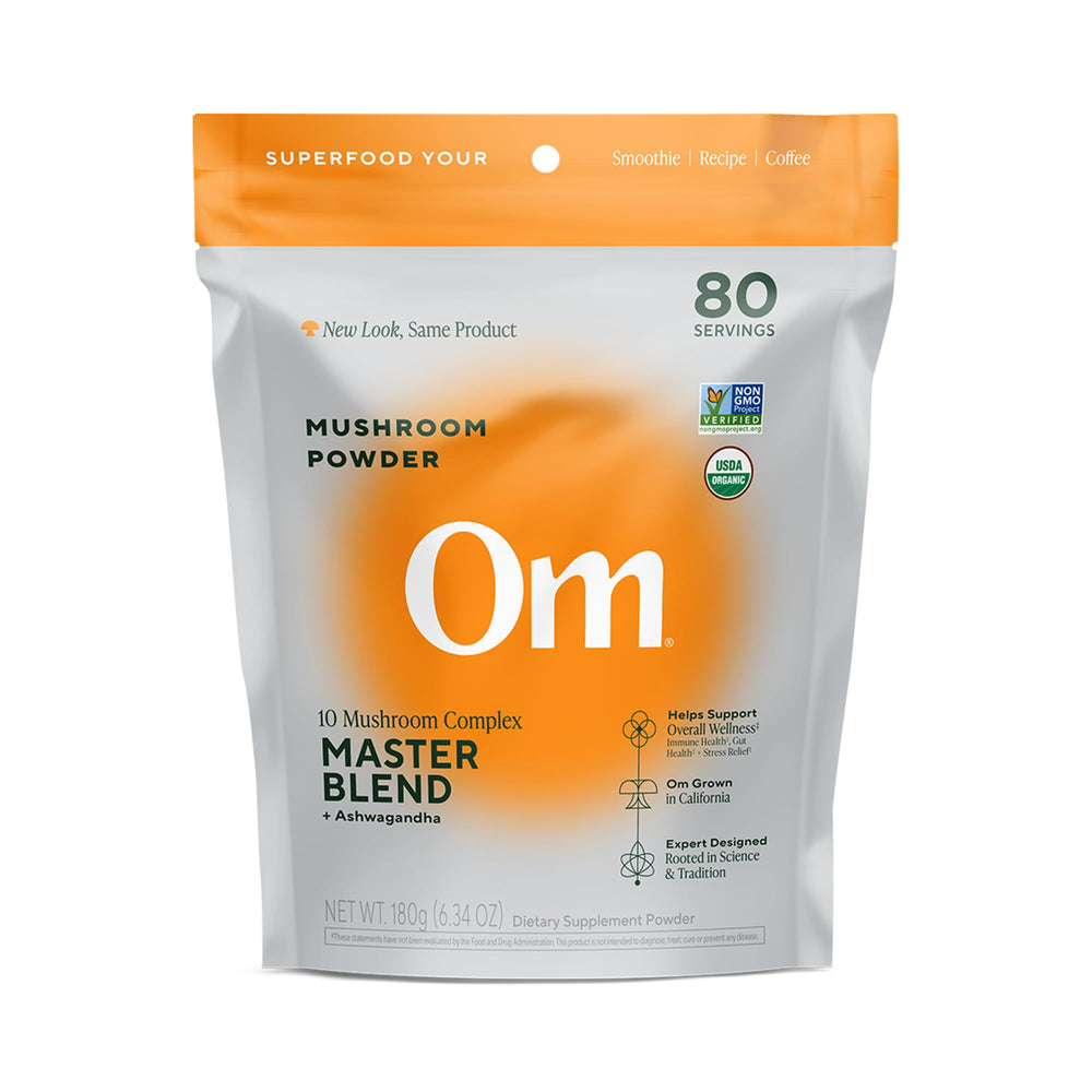 OM Mushrooms Master Blend powder bottle for daily immune and gut support.