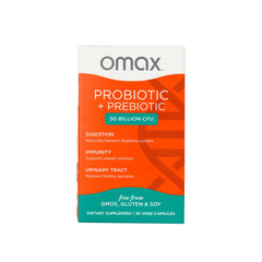 Omax3 prebiotic-probiotic bottle shows 50B CFU strength for gut balance