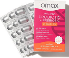 Omax3 probiotic capsules for women promote gut balance and vaginal pH support.
