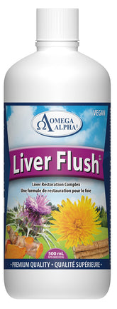 Omega Alpha Liver Flush bottle close-up with pour spout highlighting antioxidant-rich herbal support