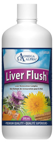 Omega Alpha Liver Flush bottle close-up with pour spout highlighting antioxidant-rich herbal support