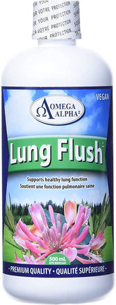 Omega Alpha Lung Flush bottle pour demonstrates easy daily dosing for respiratory support.