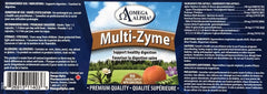 Omega Alpha Multi-Zyme 90s nutrition label close-up highlighting enzyme blend for digesting carbs, fats, and proteins