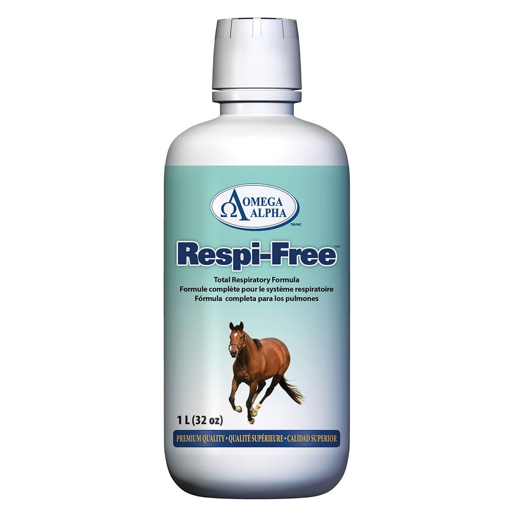 Omega Alpha Respi-Free bottle pour supports horse respiratory comfort during exercise.