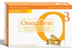 OmegaBrite 7010MD bottle front showing high-purity omega-3 for daily heart and mood support.