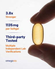 Close-up shows OmegaVia enteric coating for burpless, gentler digestion.