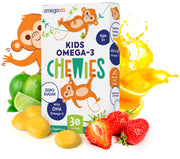 OmegaVia Kids Omega 3 Gummies bottle front with kid-friendly strawberry citrus flavor.