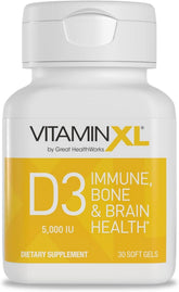 OmegaXL VitaminXL D3 5000 IU bottle front view for high-potency daily support.