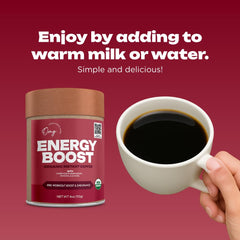 OMG Energy Boost with plant milk in a cup for vegan mornings.
