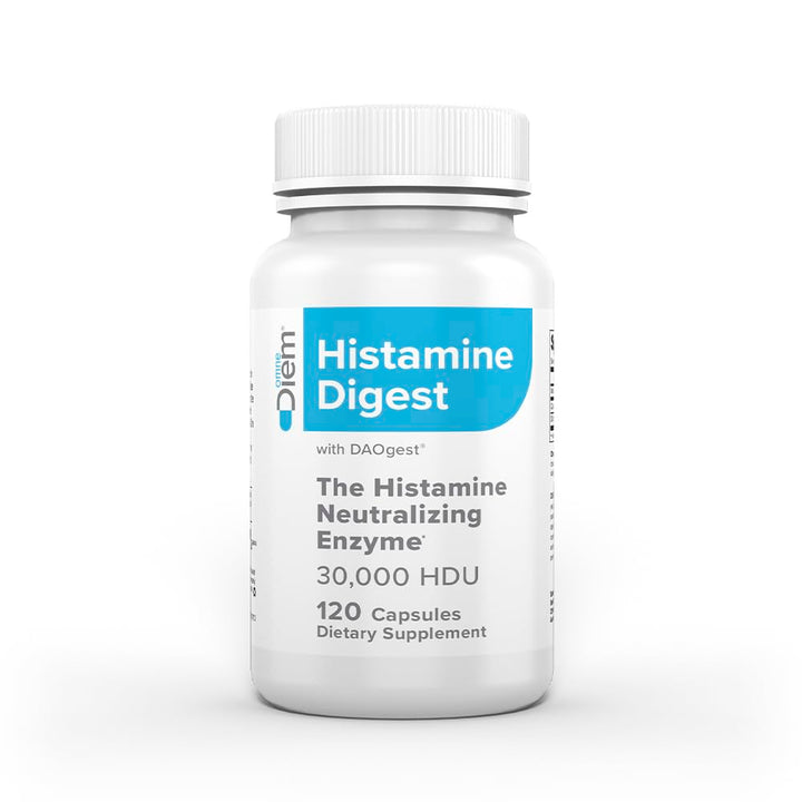 Omne Diem Histamine Digest bottle ready for daily DAO support to ease histamine-related discomfort.