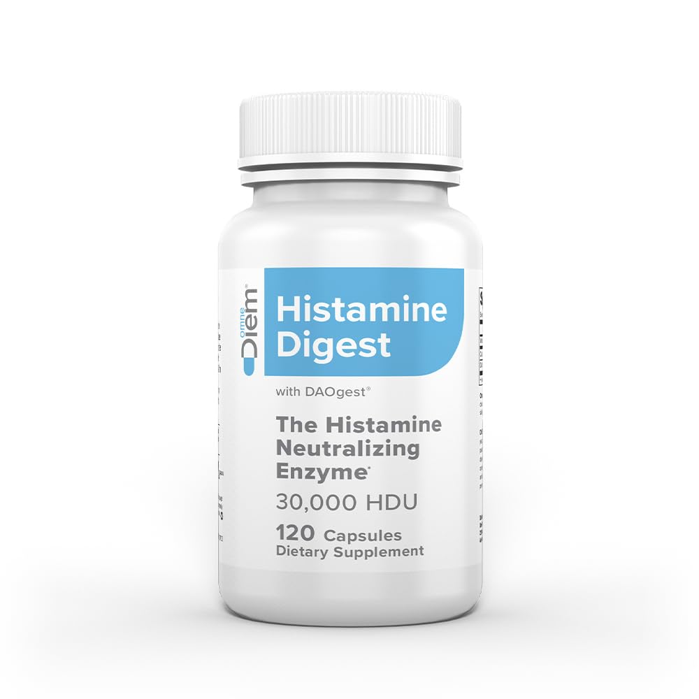 Omne Diem Histamine Digest bottle ready for daily DAO support to ease histamine-related discomfort.