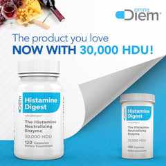 Omne Diem Histamine Digest capsules illustrating quick, meal-friendly histamine support.
