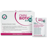 OMNi BiOTiC AB 10 box and bottle shown for daily probiotic support.