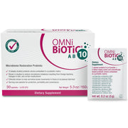 OMNi BiOTiC AB 10 box and bottle shown for daily probiotic support.