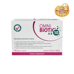 OMNi BiOTiC AB 10 daily packets ready for on-the-go digestion support.