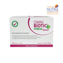 Packaging of OMNi BiOTiC Stress Release highlighting shelf-stable convenience.