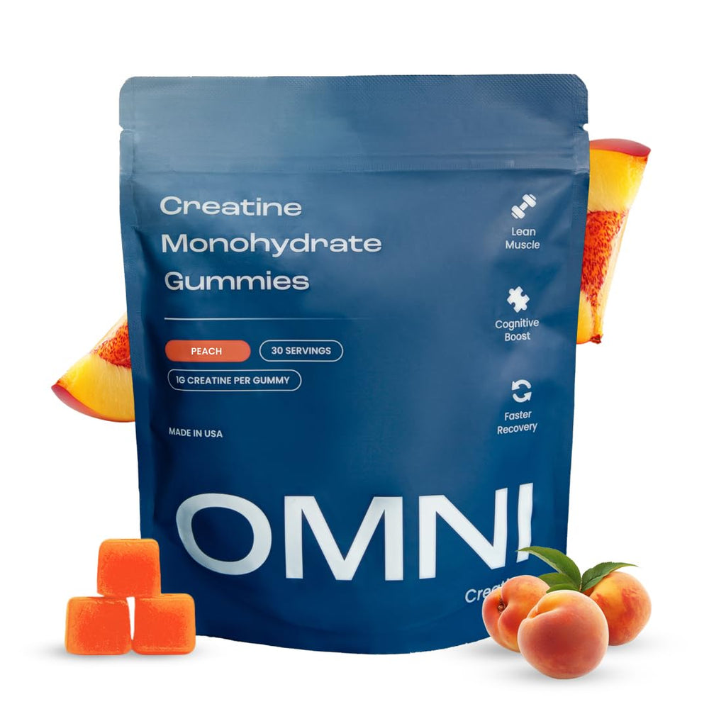 OMNI Creatine gummies peach bottle for on-the-go muscle support and easy dosing.